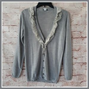 J Crew Gray Thin Knit Ruffle Cardigan Sweater